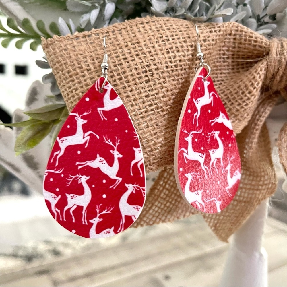 Christmas Faux Leather Teardrop Dangle Earrings Reindeer - Picture 2 of 2